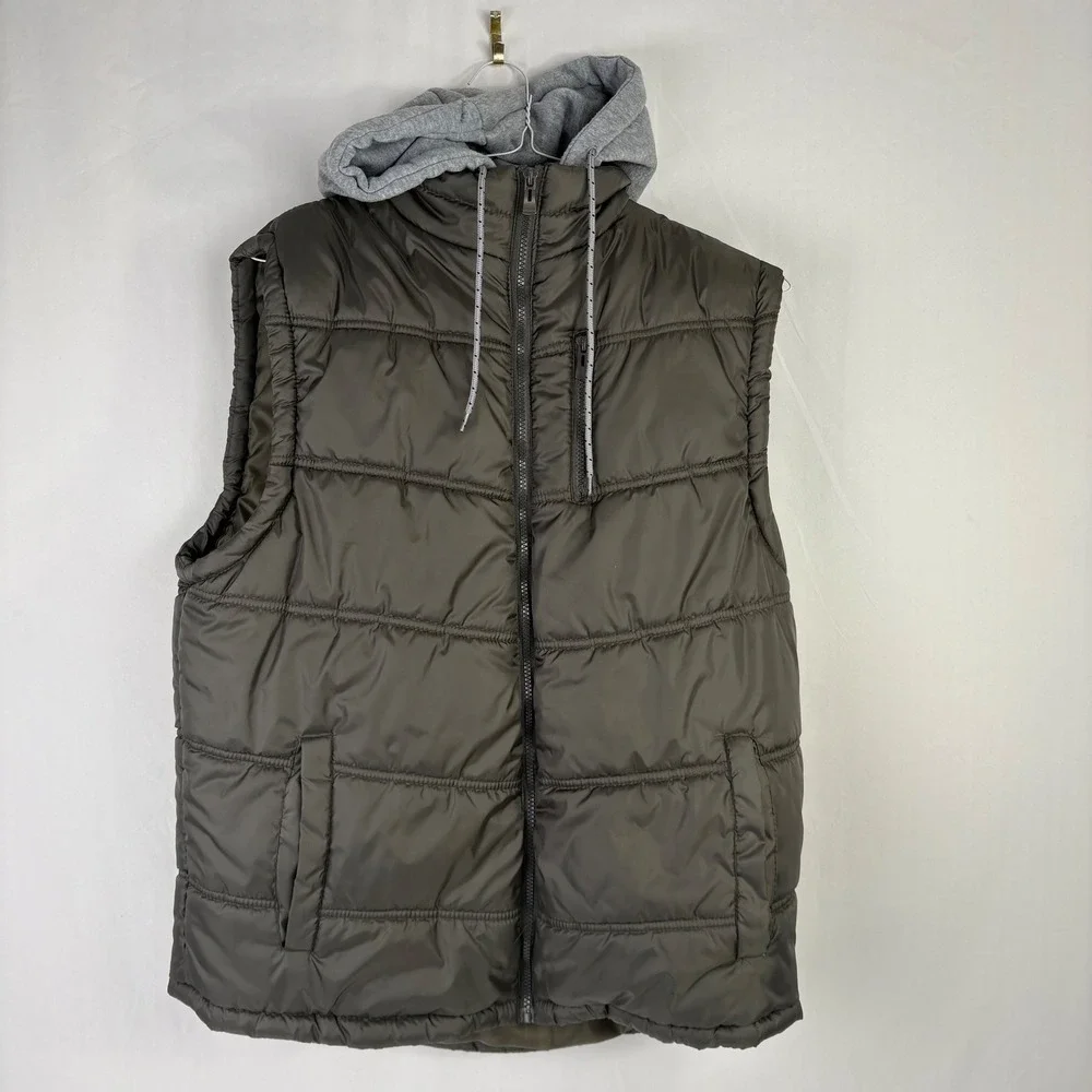CARBON Puffer Vest Hooded‎ Mens Size XL Olive Green Quilted Full Zip